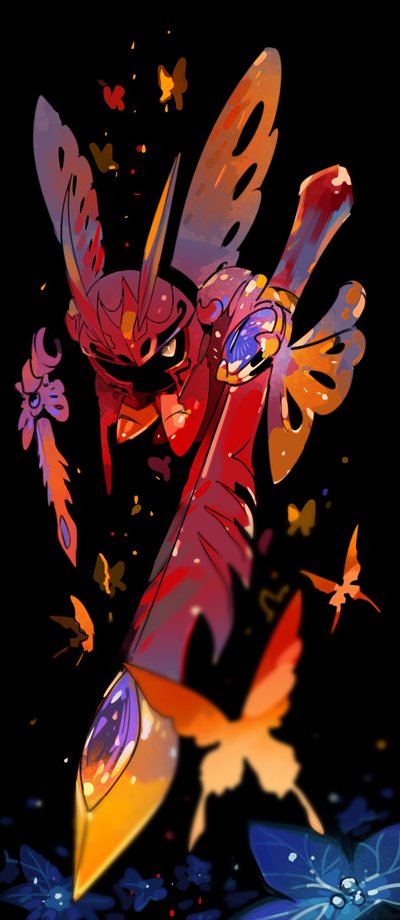 armor, black_background, blue_flower, bug, butterfly, butterfly_wings, commentary_request, fake_horns