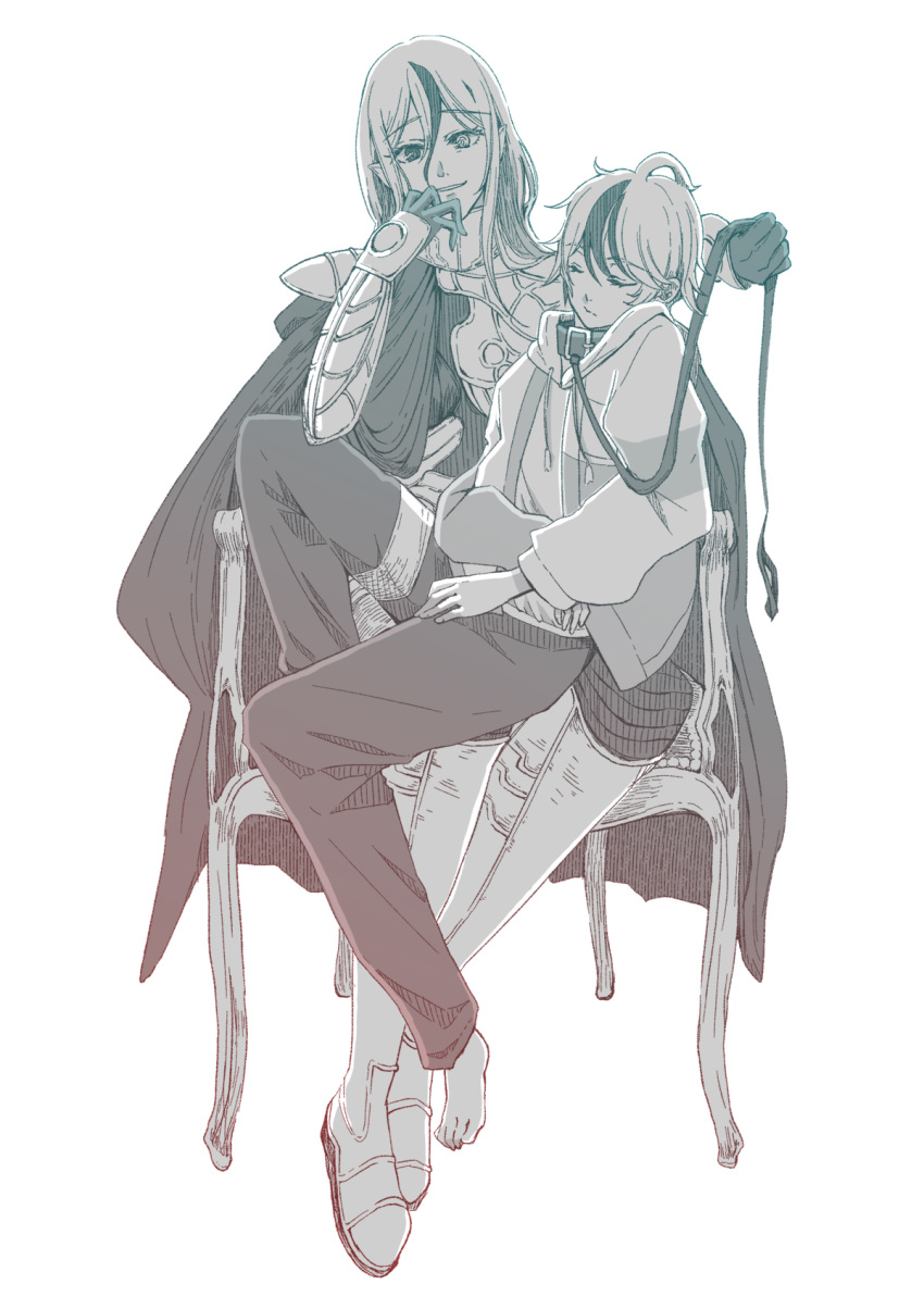 1boy, 1girl, ahoge, animal_collar, armor, assertive_female, cape, chair