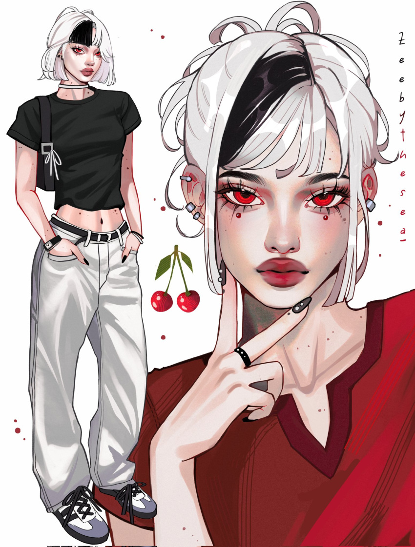 1girl, aegyo_sal, artist_name, asian, bag, bag_ribbon, baggy_pants, belt