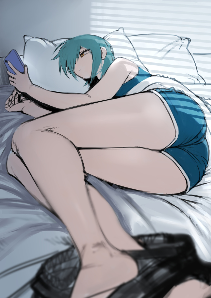 1boy, 2n5, aqua_hair, from_below, hair_over_one_eye, highres, iriya-kun, looking_at_phone, lying, male_focus, on_pillow, on_side, original, pale_skin, phone, solo, yellow_eyes