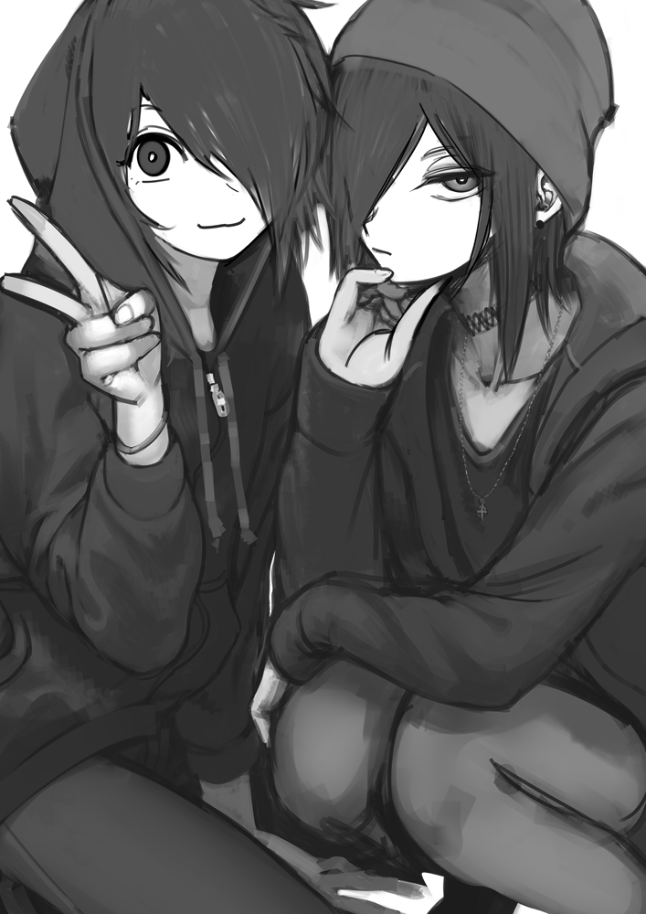 2boys, 2n5, androgynous, beanie, grey_background, hair_over_one_eye, hat, hood