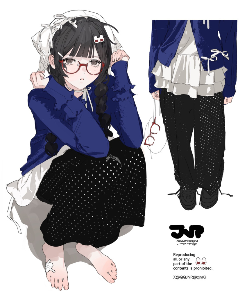 1girl, artist_name, barefoot, bear_hair_ornament, black_pants, black_shoes, blue_cardigan, blunt_bangs