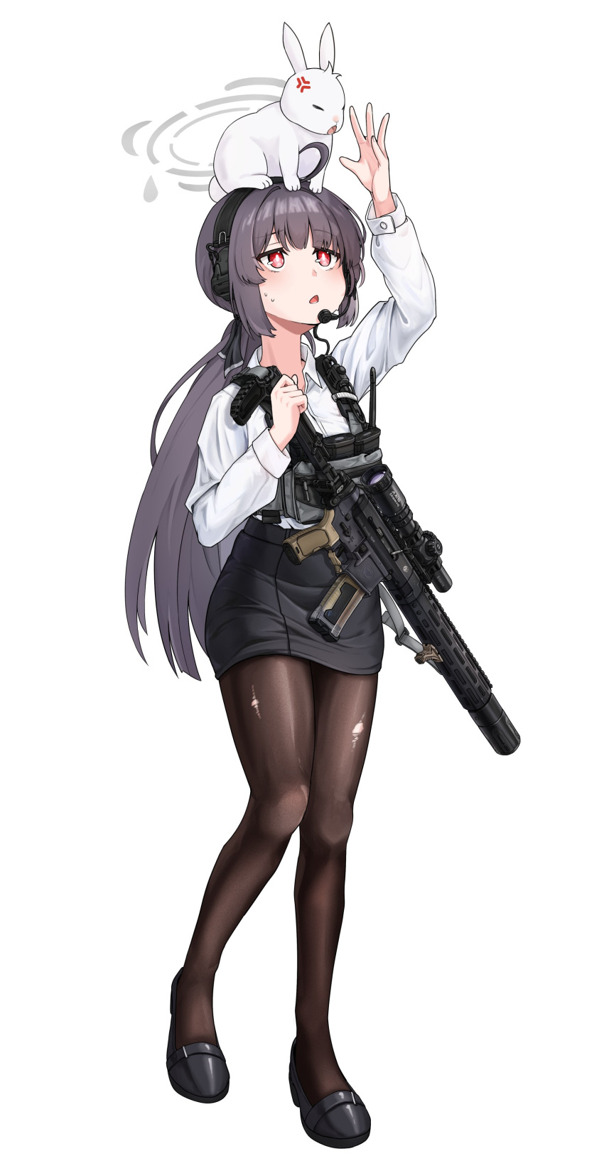 1girl, absurdres, alternate_costume, ammunition_pouch, anger_vein, animal, animal_on_head, arm_up