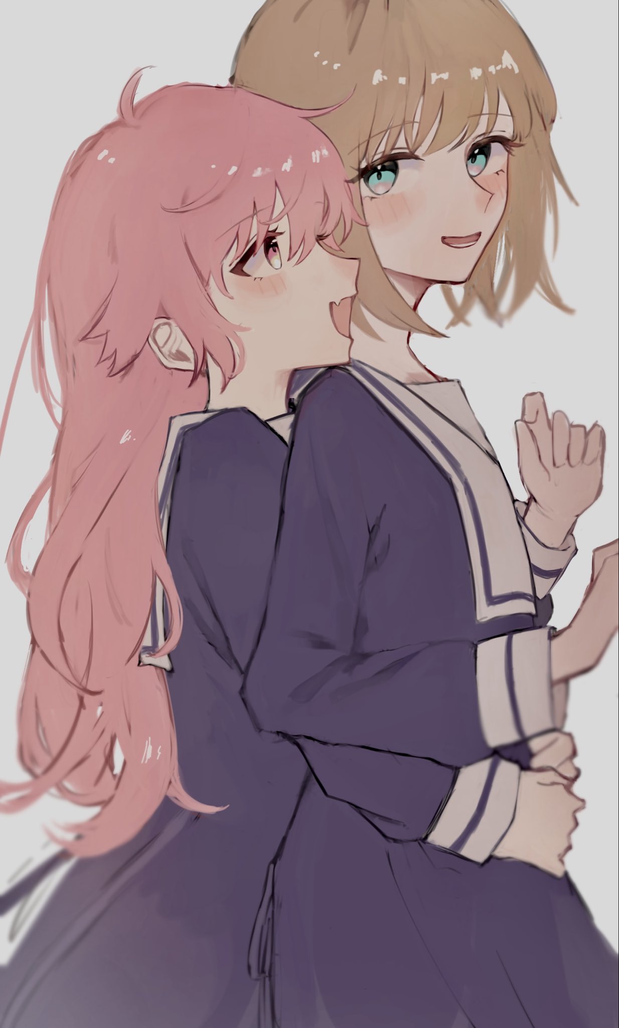 2girls, ahoge, akairosaboten20, blonde_hair, blue_serafuku, blush, bob_cut, couple