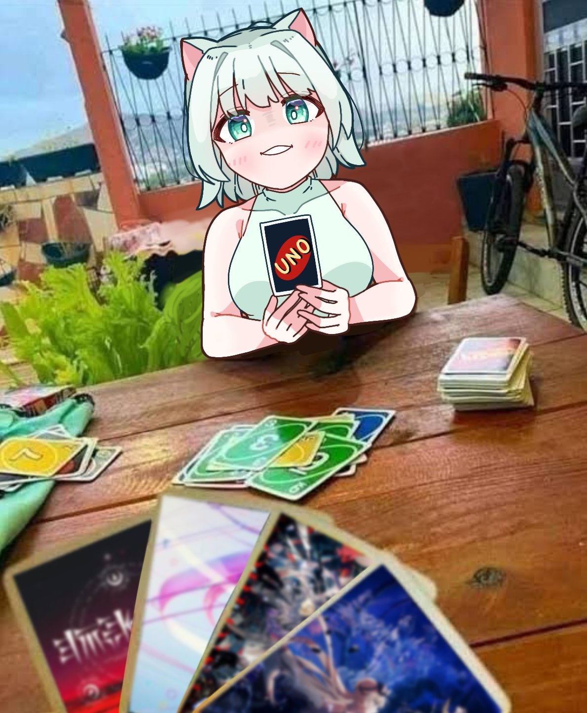 animal_ears, bodysuit, cat_ears, cat_girl, commentary, hair_intakes, highres, imminent_uno_loss_(meme)