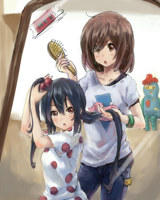 :o, black_hair, brown_eyes, brown_hair, casual, doll, hair_bobbles, hair_brush