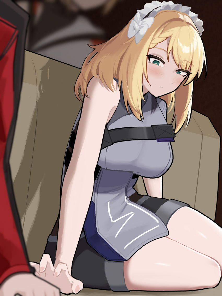 1other, 2girls, absurdres, aqua_eyes, black_shorts, blonde_hair, blush, breasts