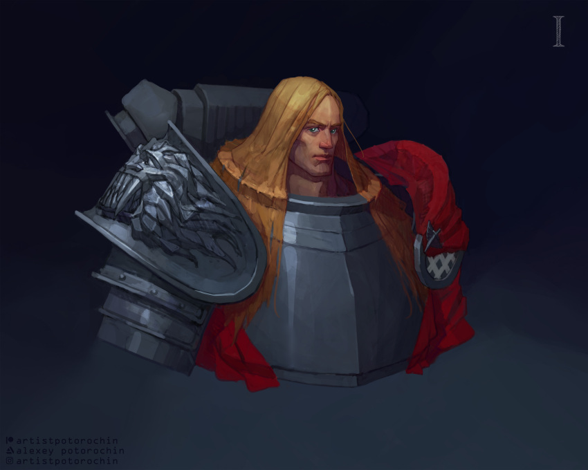 1boy, absurdres, armor, artist_name, artstation_logo, artstation_username, blonde_hair, breastplate, closed_mouth, commentary, dark_angels, english_commentary, green_eyes, grey_armor, highres, instagram_logo, instagram_username, lion_el'jonson, long_hair, looking_at_viewer, ornate_armor, patreon_logo, patreon_username, pauldrons, potoq, power_armor, primarch, red_surcoat, roman_numeral, shoulder_armor, simple_background, solo, warhammer_40k