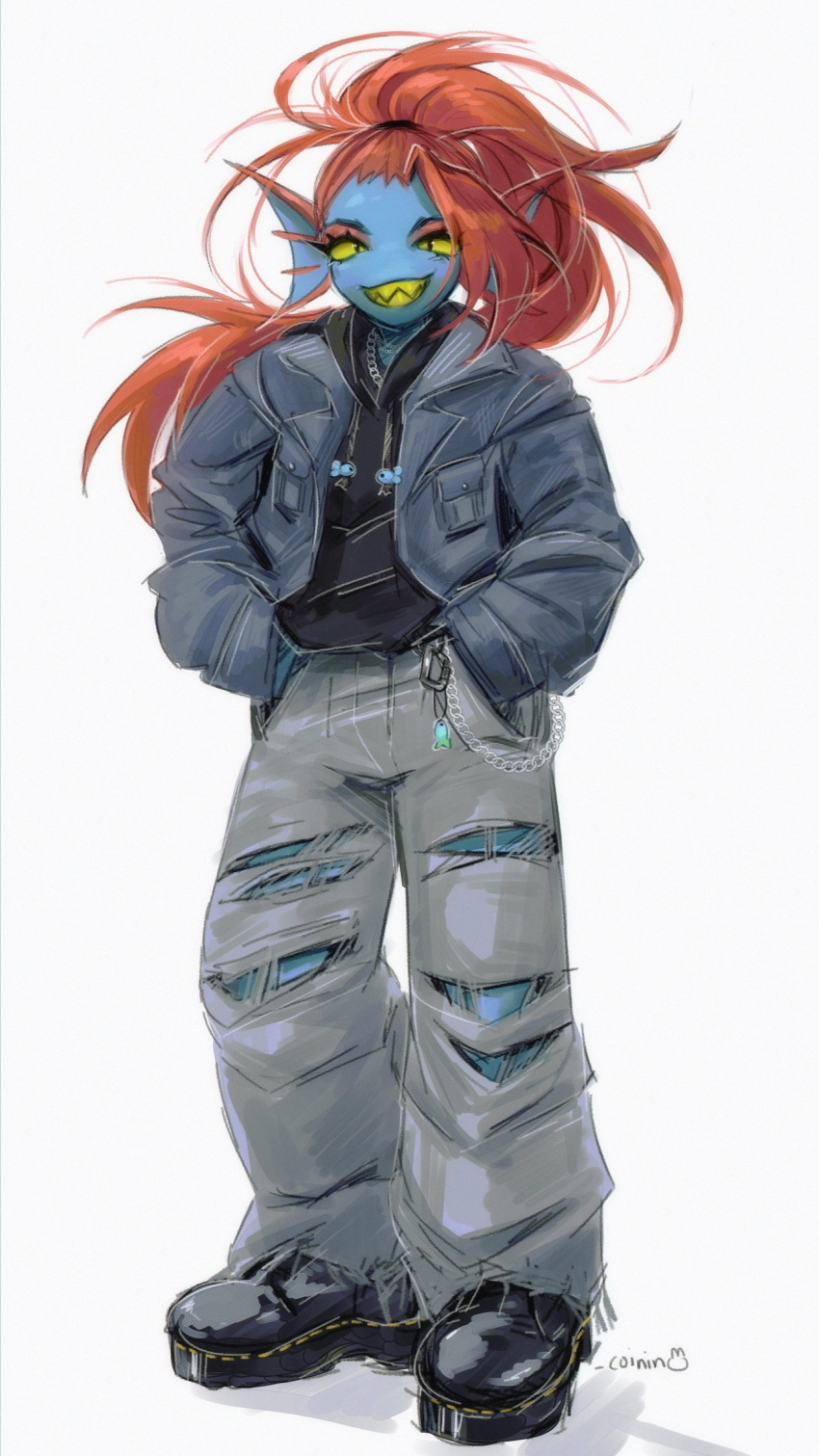 1girl, alternate_costume, an-coinin, blue_skin, colored_skin, fins, fish_girl, full_body