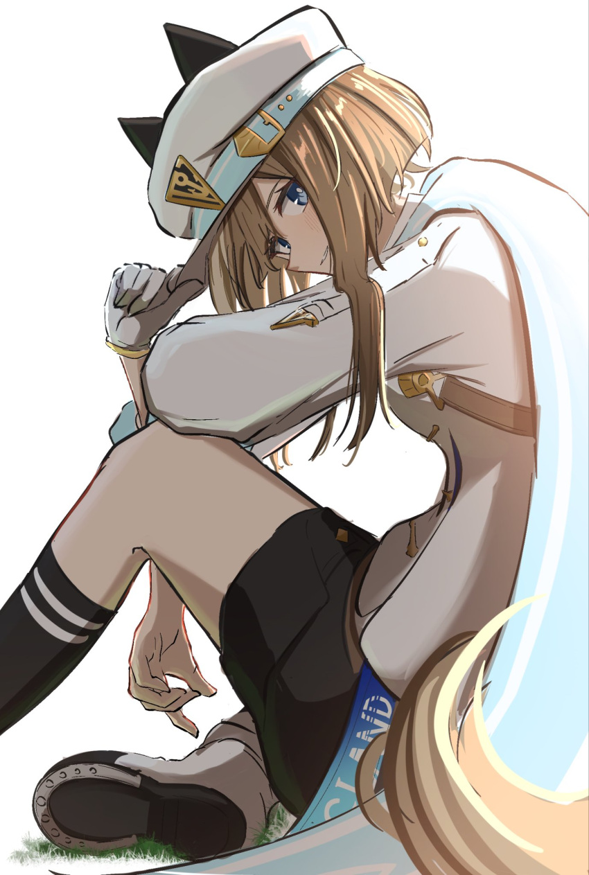 1girl, animal_ears, blue_eyes, blush, brown_hair, cheval_grand_(grand_itineraire)_(umamusume), cheval_grand_(umamusume), disfiro03, ear_covers, ears_through_headwear, hair_between_eyes, hat, hat_belt, highres, horse_ears, horse_girl, horse_tail, looking_at_viewer, multicolored_hair, open_mouth, peaked_cap, simple_background, single_ear_cover, smile, solo, streaked_hair, tail, umamusume, white_background, white_hair, white_hat