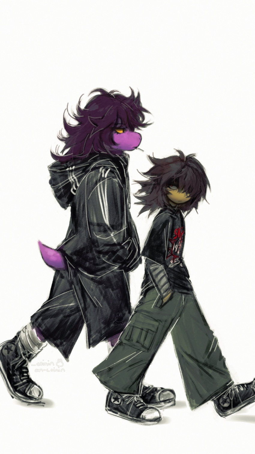 1girl, 1other, alternate_costume, an-coinin, colored_sclera, deltarune, full_body, hands_in_pockets