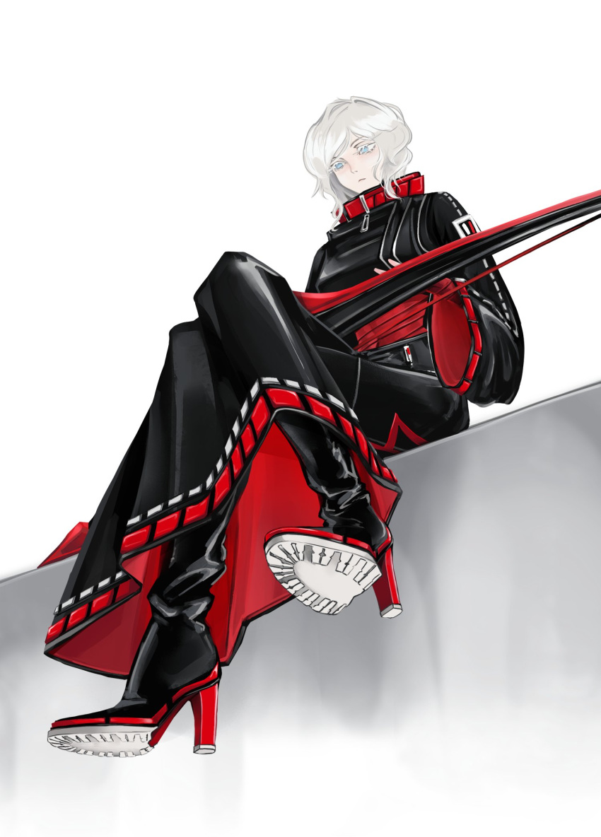 1girl, archery_shooting_glove, black_boots, black_jacket, black_shoes, blue_eyes, boots, bow_(weapon)