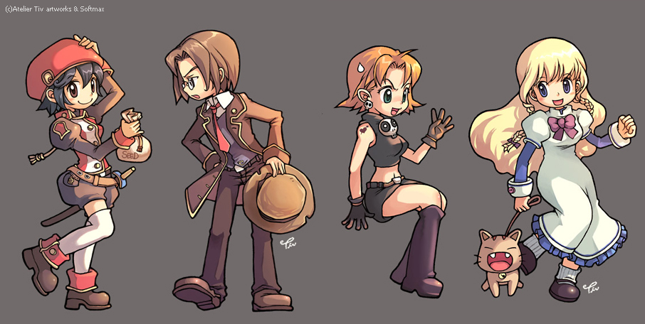 1boy, 3girls, 4leaf, archived_source, artist_name, bag, bell, belt
