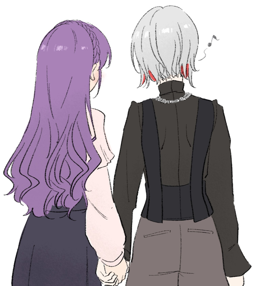 2girls, backless_vest, black_shirt, black_skirt, braid, commentary, covered_shoulder_blades, crown_braid