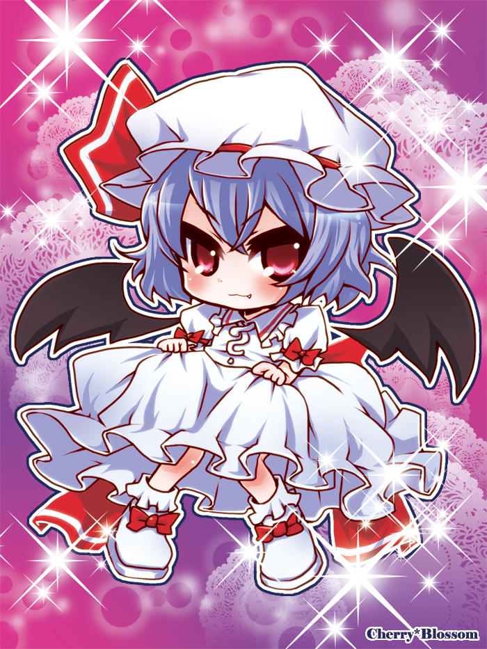 bat_wings, blue_hair, blush, chibi, dress, fang, hat, konokono