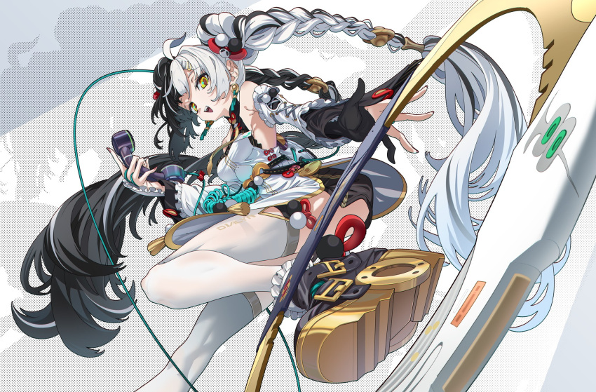 1girl, :d, ahoge, black_hair, braid, breakdiamond, breasts, chakram
