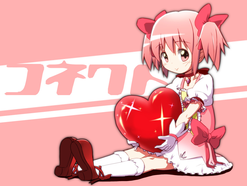 ashida_ichirou, gloves, heart, highres, ichirou_(hajimari), kaname_madoka, mahou_shoujo_madoka_magica, pink_eyes, pink_hair, short_hair, solo, twintails