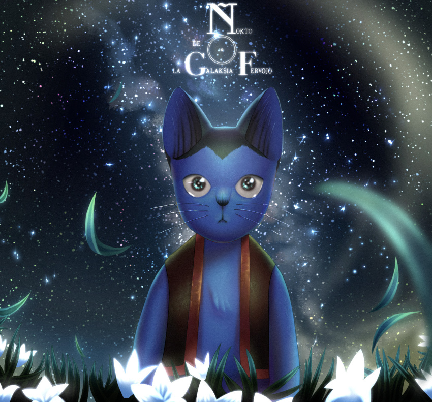 1boy, black_vest, blue_eyes, cat_boy, commentary_request, copyright_name, esperanto_text, flower, furry, furry_male, ginga_tetsudou_no_yoru, giovanni_(ginga_tetsudou_no_yoru), highres, kozuehikaru, male_focus, milky_way, night, night_sky, outdoors, sky, solo, star_(sky), starry_sky, tears, upper_body, vest, white_flower