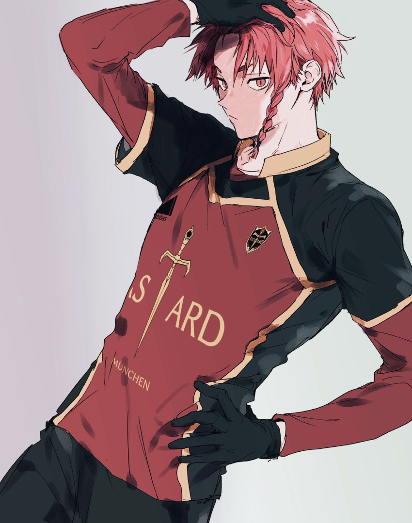 1boy, arm_up, bastard_munchen_soccer_uniform, black_gloves, blue_lock, braid, closed_mouth, dutch_angle