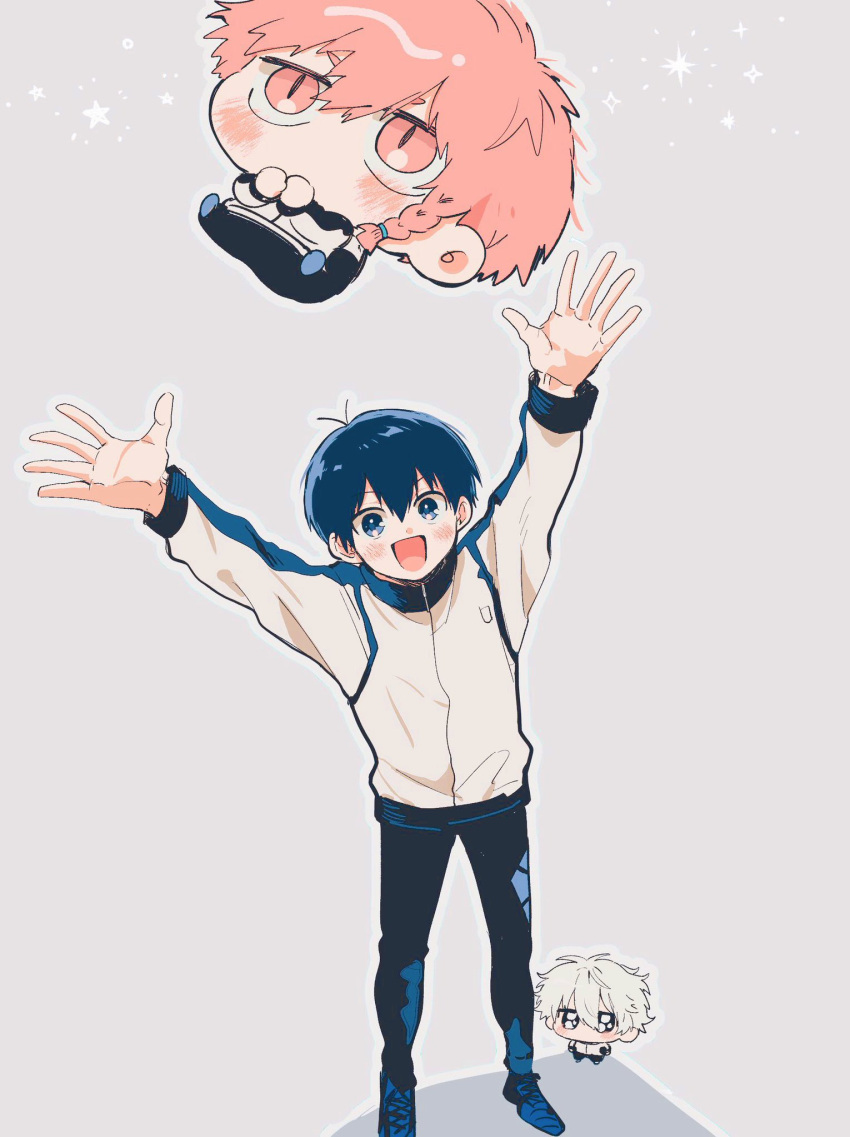 3boys, :d, arms_up, blue_eyes, blue_hair, blue_lock, blush, braid