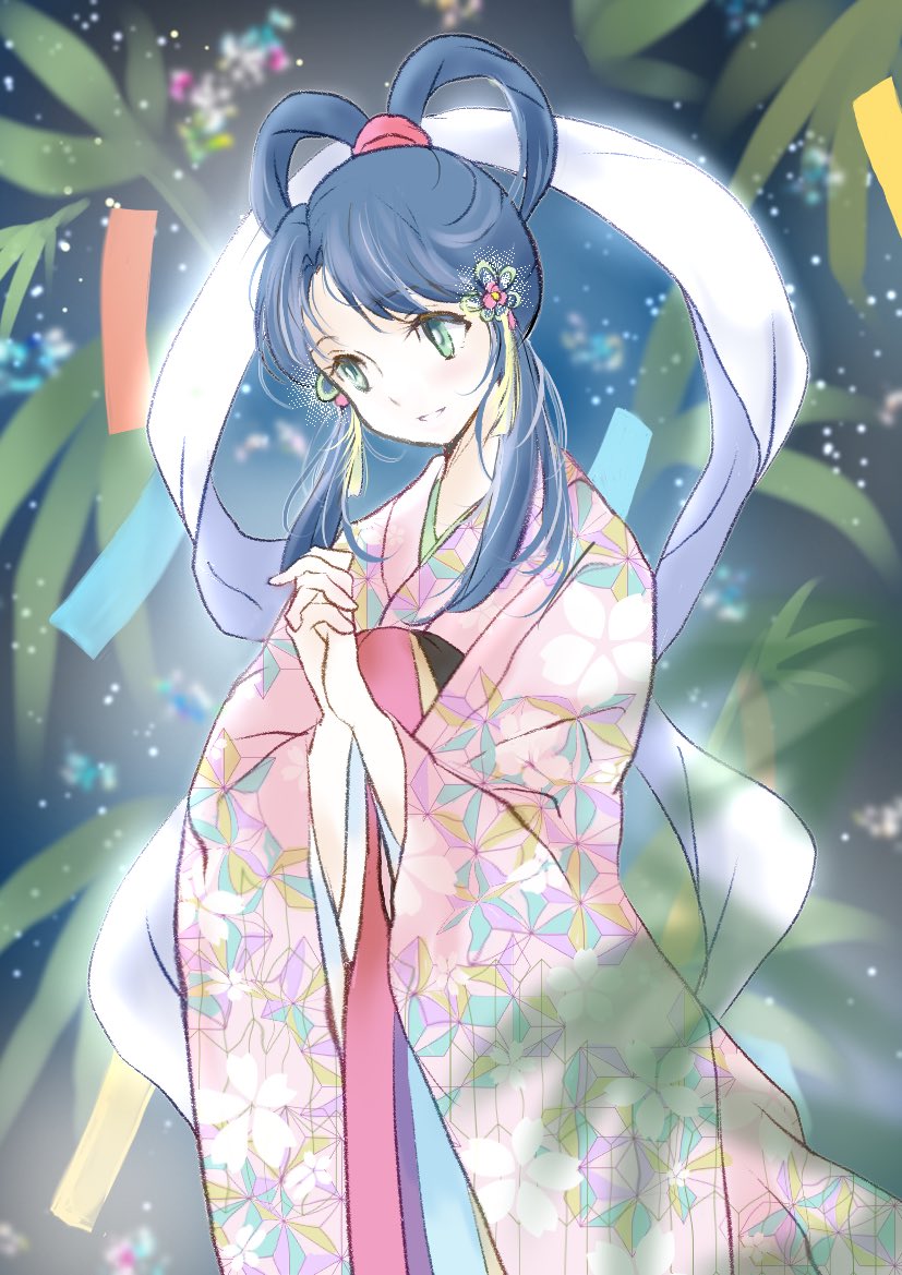1girl, arcboc, bamboo, blue_hair, commentary, floral_print, floral_print_kimono, green_eyes