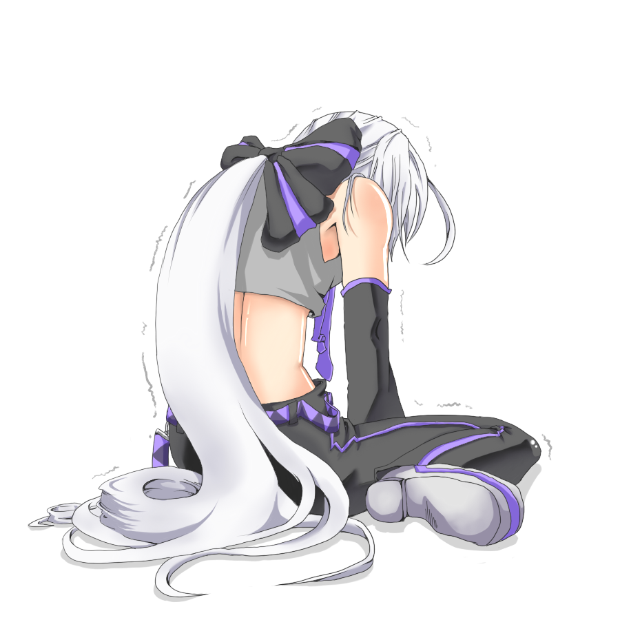 bare_shoulders, bow, detached_sleeves, from_behind, hair_bow, hair_ornament, hyoiki, kneeling, long_hair, necktie, pants, sad, silver_hair, simple_background, sitting, solo, trembling, very_long_hair, vocaloid, voyakiloid, wariza, white_background, yowane_haku
