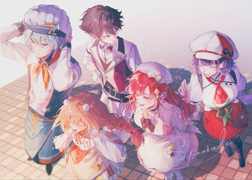 2boys, 3girls, apron, blonde_hair, blue_hair, bow, bowtie, braid