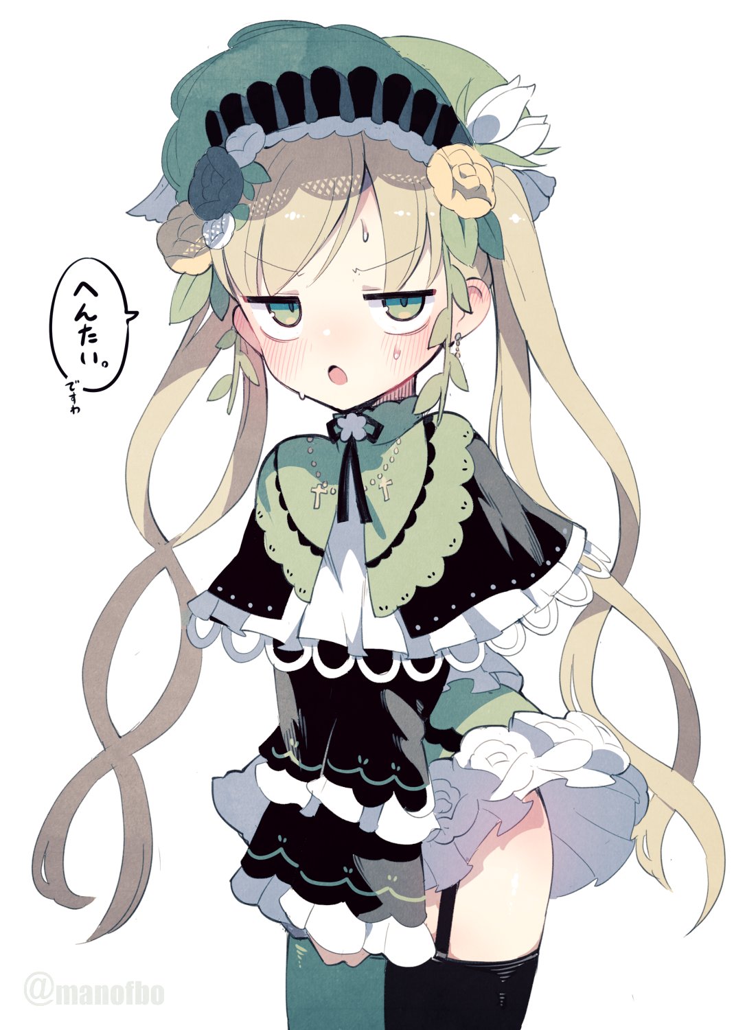 1girl, alternate_costume, asymmetrical_legwear, black_thighhighs, bonnet, dress, earrings, flower