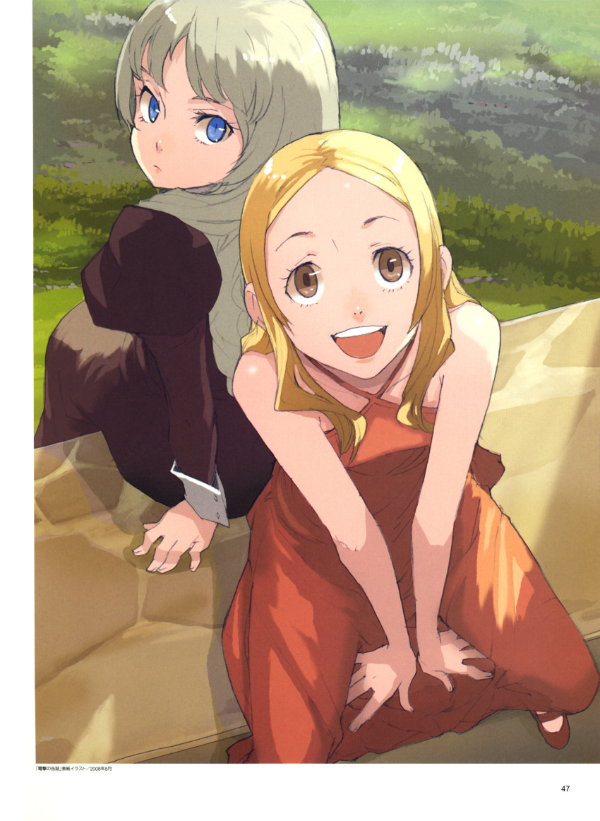 2girls, baccano!, blonde_hair, blue_eyes, brown_eyes, character_request, dress, enami_katsumi