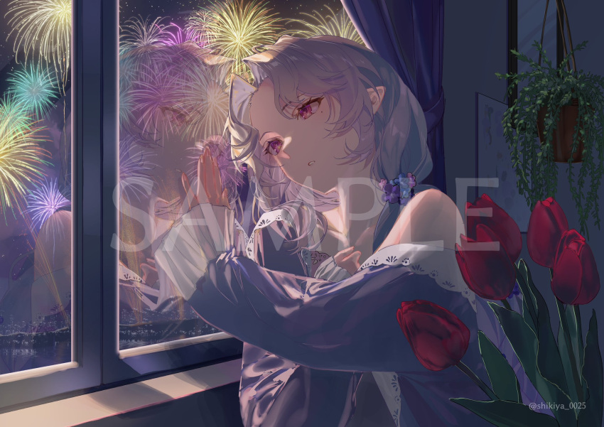 1girl, aerial_fireworks, against_glass, aia_amare, blue_pajamas, curtains, fireworks, flower