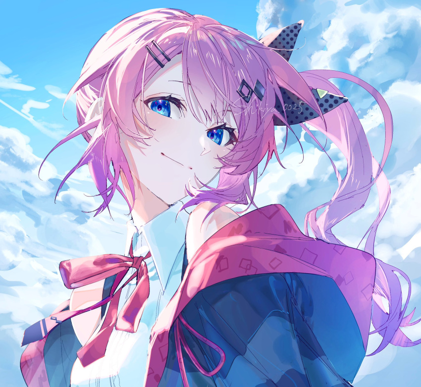 1girl, bare_shoulders, blue_eyes, blue_sky, bow, closed_mouth, clouds, collared_shirt