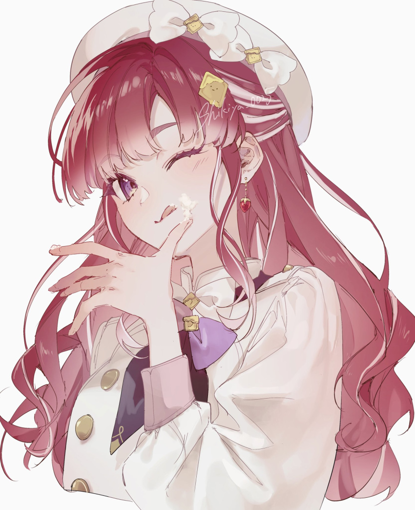 1girl, bow, cream, earrings, food, food_on_face, hair_ornament, hat