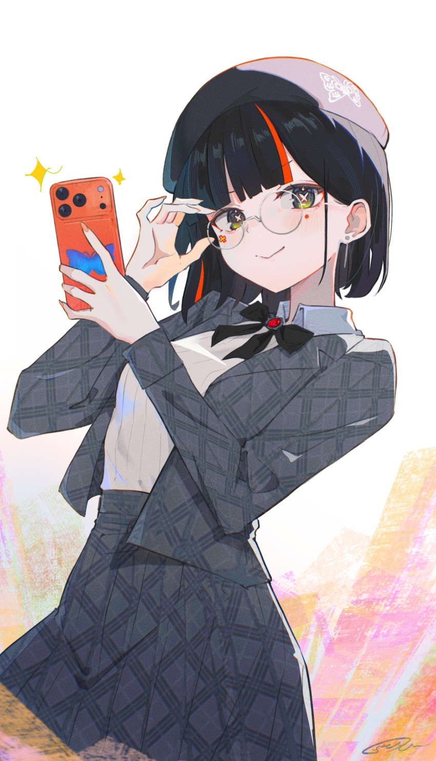 1girl, absurdres, beret, black_bow, black_hair, blazer, blunt_bangs, bow, choya_hanabi, choya_hanabi_(2nd_costume), cowboy_shot, cross-shaped_pupils, eyeliner, facial_mark, gem, grey_hat, grey_jacket, grey_skirt, hat, highres, holding, holding_phone, jacket, makeup, multicolored_hair, phone, plaid_clothes, plaid_jacket, plaid_skirt, pleated_skirt, red_eyeliner, red_gemstone, round_eyewear, shirt, shirt_tucked_in, short_hair, simuyutou, skirt, solo, sparkle, streaked_hair, symbol-shaped_pupils, virtual_youtuber, vspo!, white_shirt, yellow_eyes