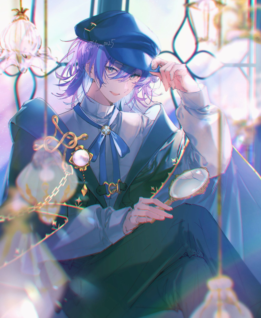 1boy, adjusting_clothes, adjusting_headwear, black_pants, blue_hair, blue_ribbon, blurry, brooch