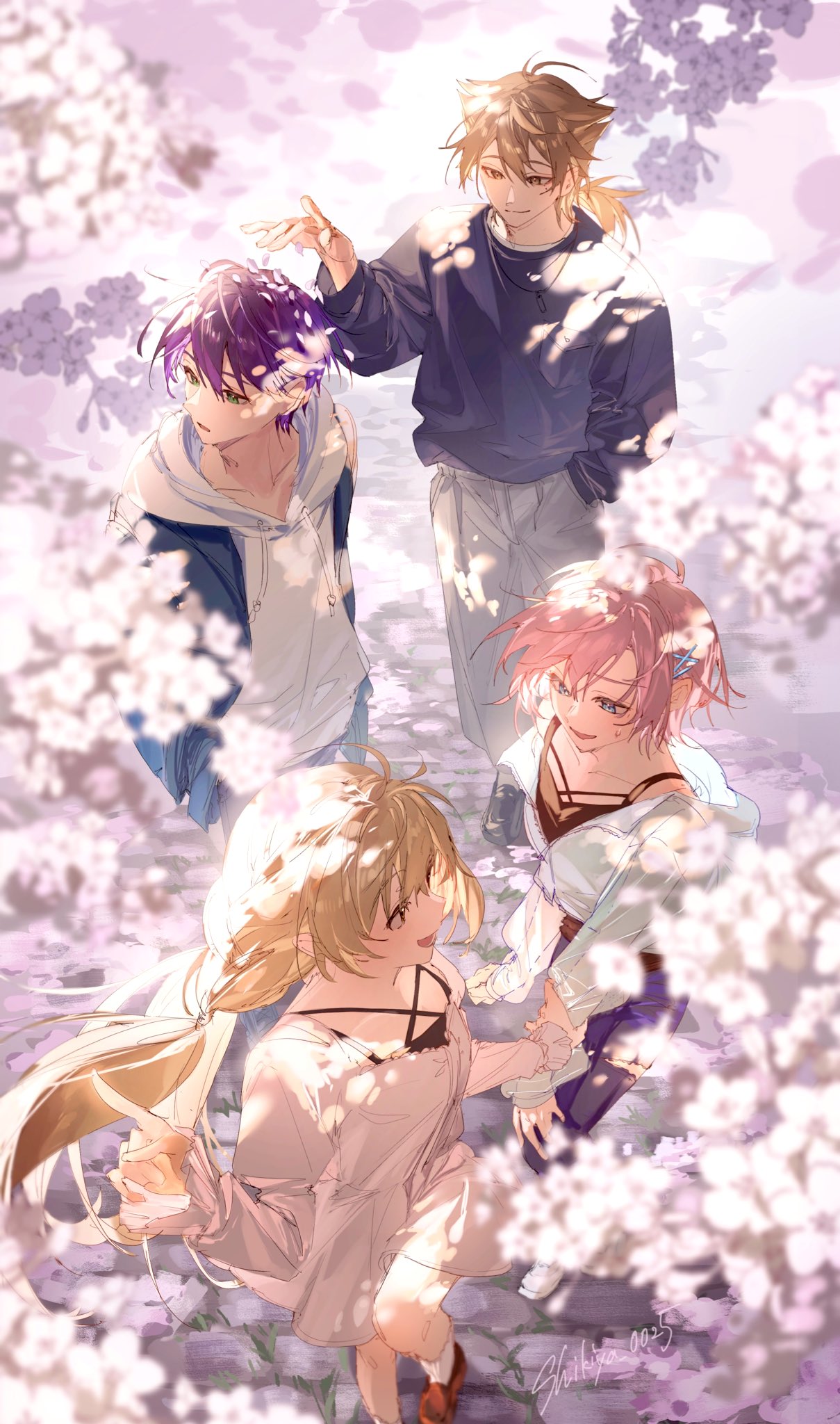 2boys, 2girls, black_shirt, blonde_hair, blue_eyes, blue_jacket, blue_pants, cherry_blossoms