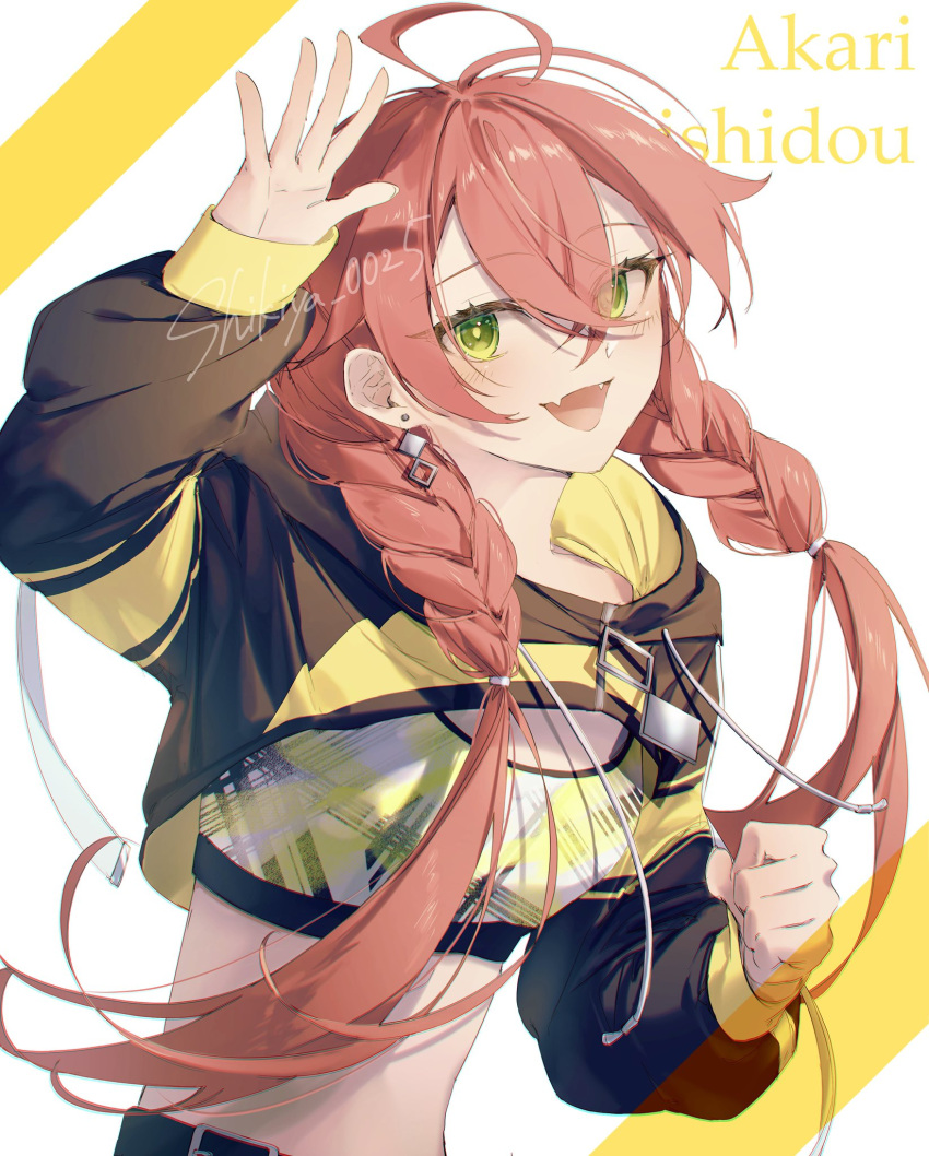 1girl, braid, clenched_hand, crop_top, cropped_hoodie, crossed_bangs, earrings, fangs