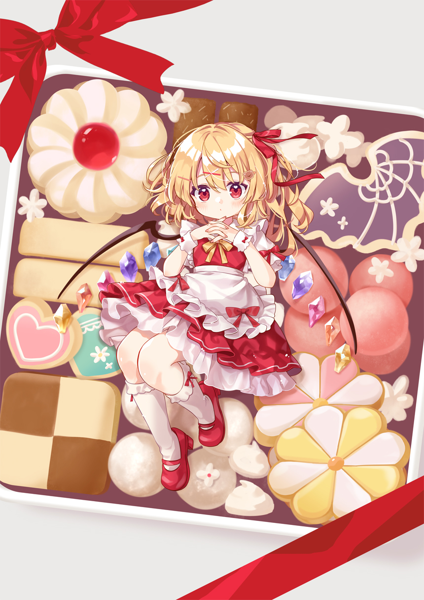 1girl, apron, blonde_hair, bow, checkerboard_cookie, claw_hair_clip, closed_mouth, commentary_request