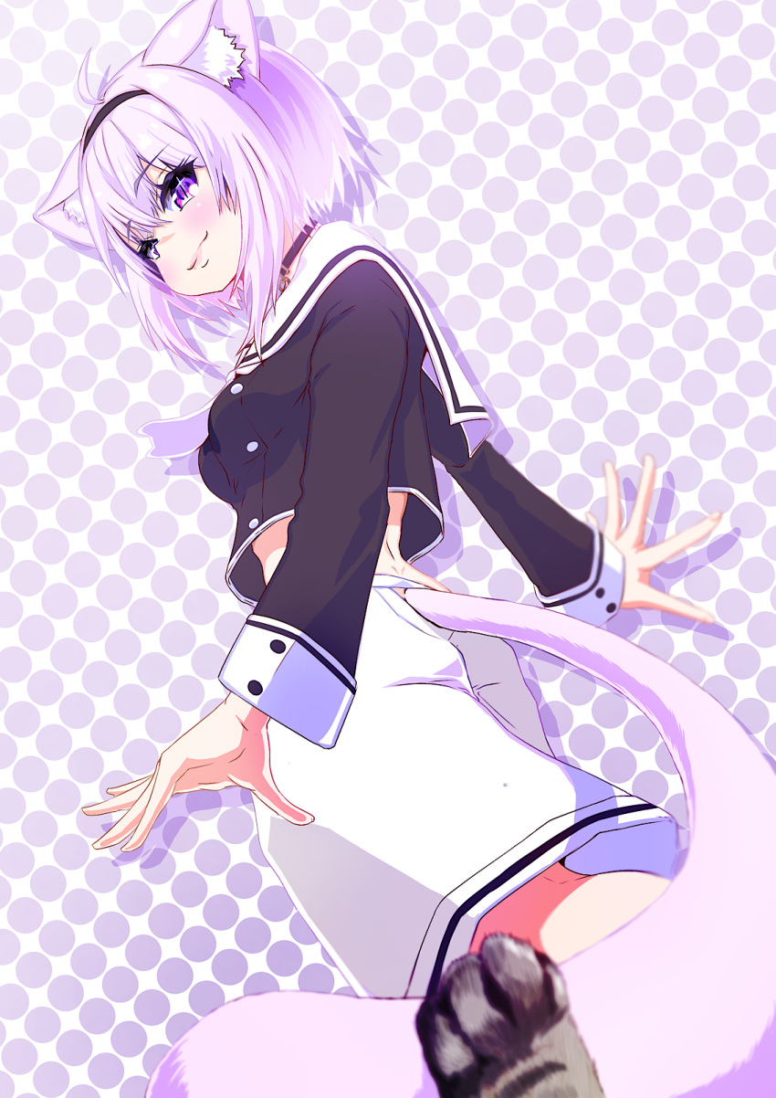 1girl, animal_ears, animal_hands, black_collar, black_shirt, cat_ears, cat_girl, cat_paws