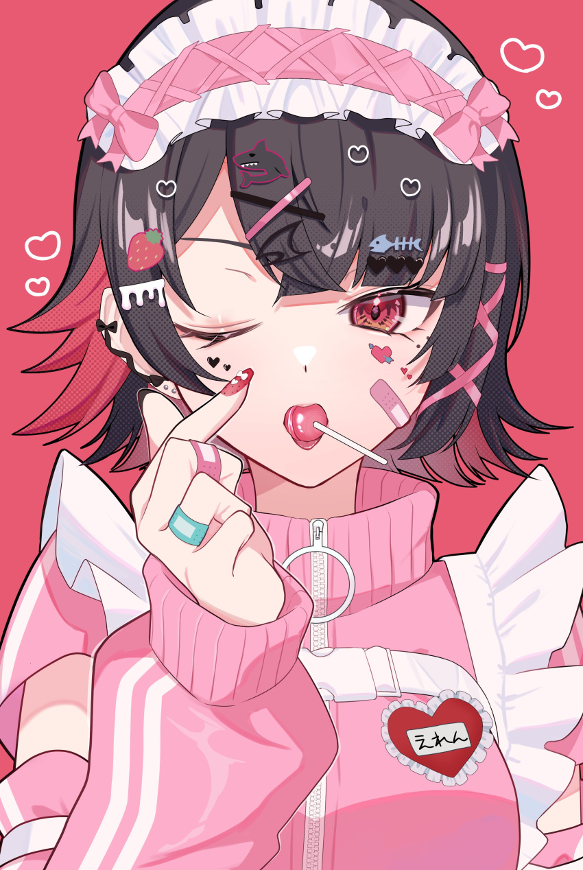 1girl, absurdres, armband, arrow_through_heart, bandaid, bandaid_on_face, bandaid_on_finger, bandaid_on_hand