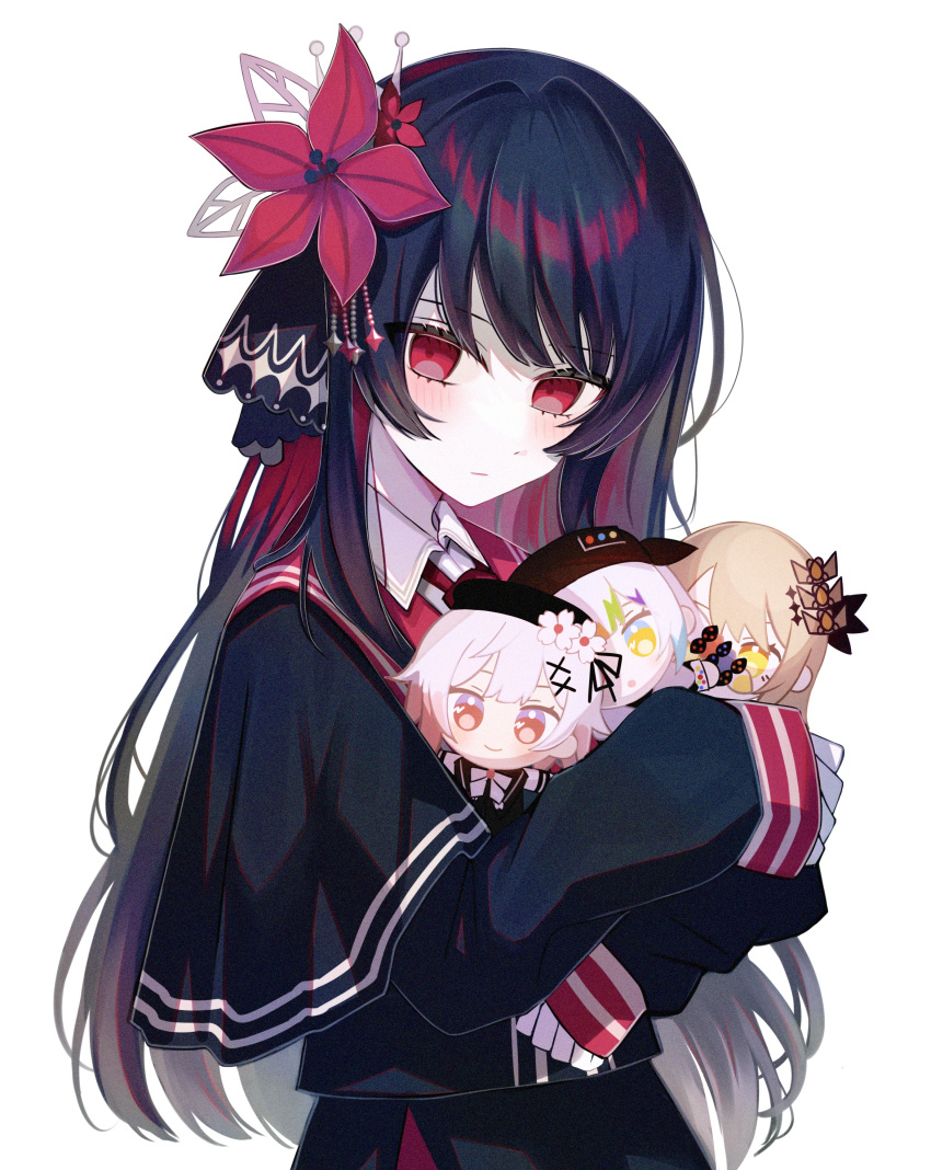 1girl, absurdres, black_capelet, black_hair, black_hat, black_shirt, black_skirt, blush