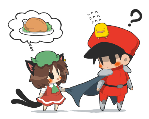 animal_ears, anna_(or), anna_(pixiv), bird, black_eyes, blush, brown_hair, cape, cat_ears, cat_tail, chen, chibi, crossover, food, hat, jewelry, lowres, m_bison, multiple_tails, single_earring, solid_circle_eyes, spoken_food, street_fighter, tail, thought_bubble, touhou, vega