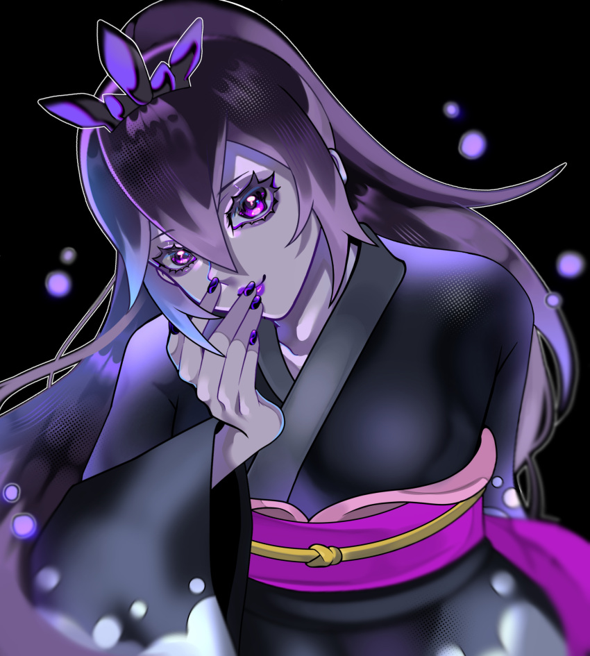 1girl, 4tuk1, absurdres, black_background, black_kimono, blurry, breasts, closed_mouth
