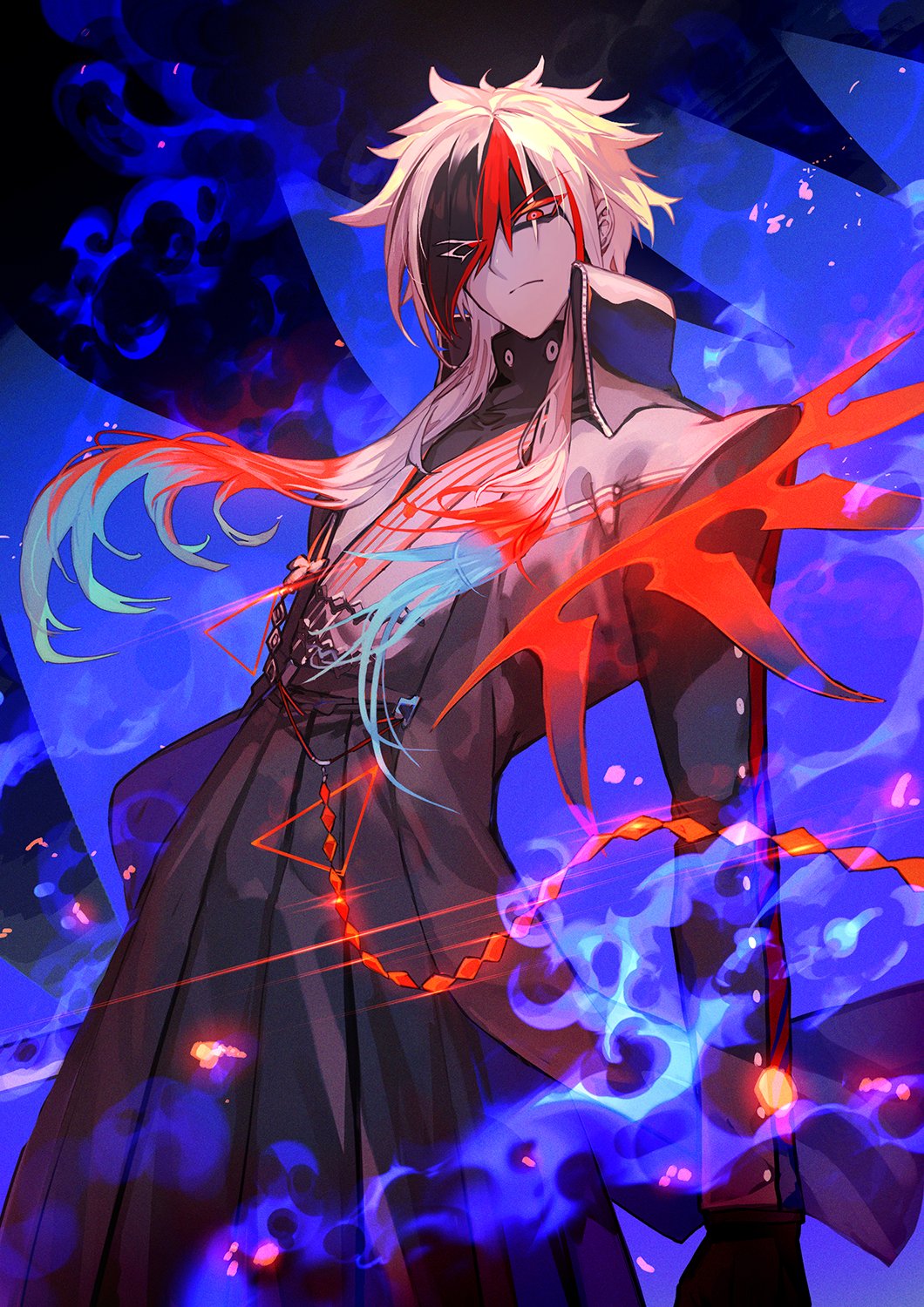 1boy, black_hair, black_jacket, closed_mouth, colored_eyelashes, eyes_visible_through_hair, fate/grand_order, fate_(series), grey_hair, hair_over_eyes, highres, jacket, japanese_clothes, kondou_isami_(fate), kondou_isami_(first_ascension)_(fate), lack, long_hair, looking_at_viewer, male_focus, multicolored_hair, red_eyes, red_hair, shinsengumi_(fate), solo, v-shaped_eyebrows