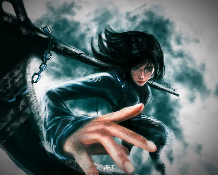 1girl, arm_up, artskiddy69, black_eyes, black_hair, black_robe, bob_cut, chain, clouds, cloudy_sky, from_above, full_body, holding, holding_polearm, holding_weapon, jet_(shadow_slave), jumping, knee_up, looking_at_viewer, outdoors, polearm, reaching, reaching_towards_viewer, robe, serious, shadow_slave, sky, solo, weapon