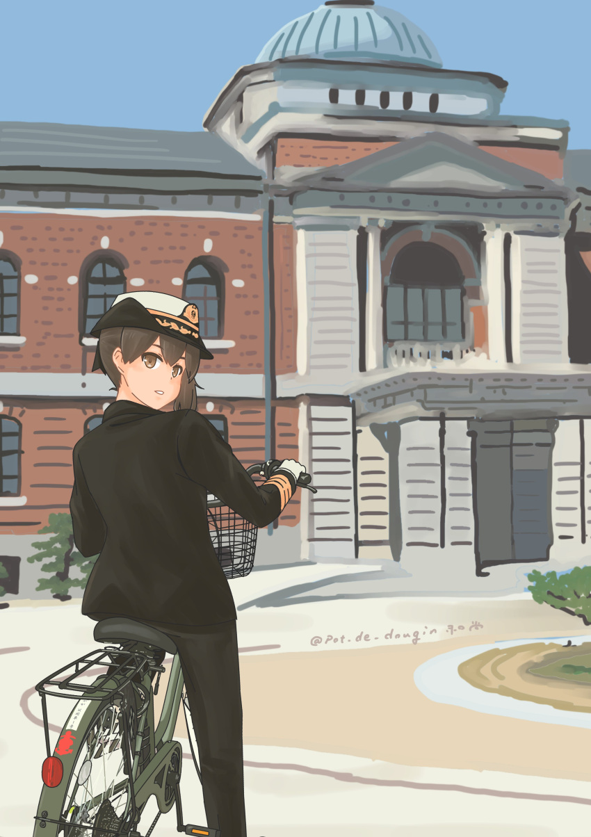 1girl, absurdres, alternate_costume, bicycle, black_jacket, black_pants, blue_sky, brown_eyes