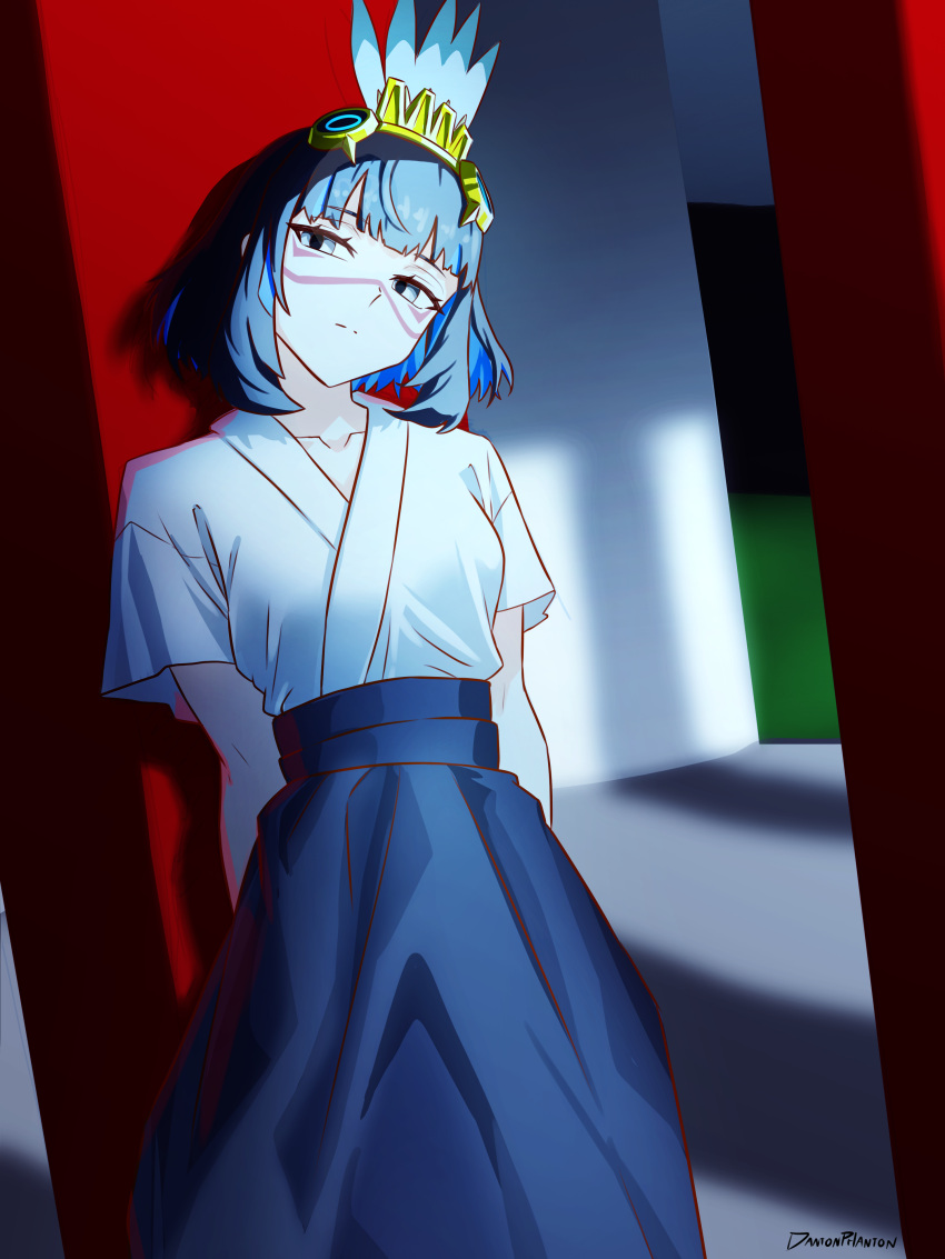 1girl, absurdres, alternate_costume, black_hair, blue_hair, breasts, colored_inner_hair, dantonphanton