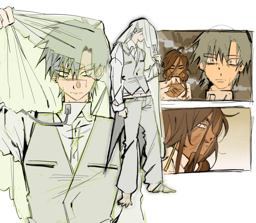 1boy, 1girl, alien_stage, alternate_universe, arcorclynn, brown_hair, collared_shirt, commentary