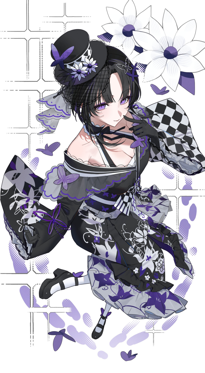 1girl, absurdres, black_gloves, black_hair, black_kimono, black_shoes, breasts, bug