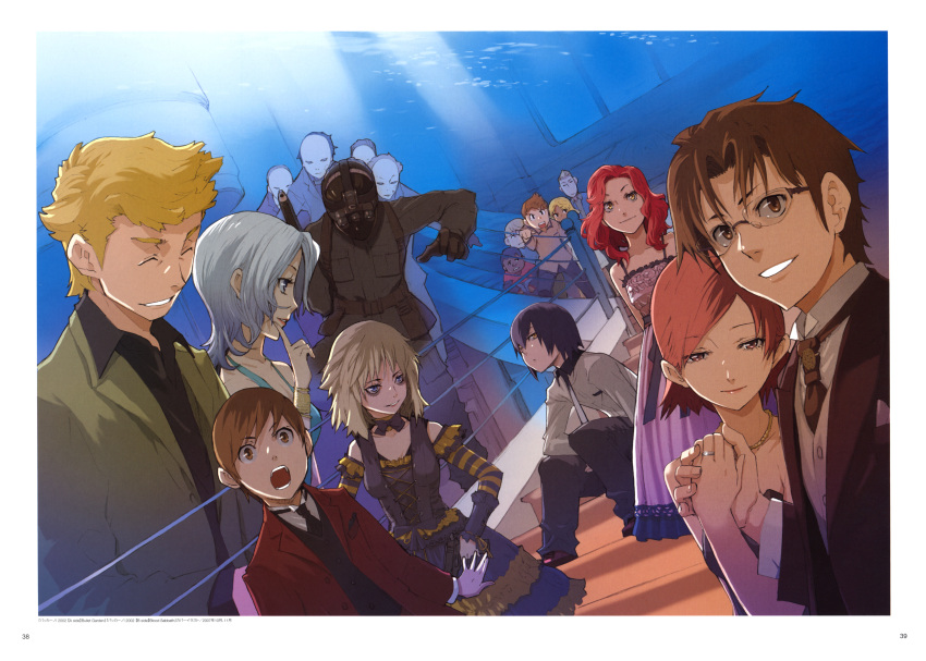 6+boys, 6+girls, alternate_hairstyle, baccano!, bags_under_eyes, blue_eyes, bobby_splot, brown_eyes, brown_hair, charon_walken, child, claudia_walken, closed_eyes, czeslaw_meyer, dress, elmer_albatross, enami_katsumi, ennis, everyone, eyes_closed, firo_prochainezo, formal, glasses, gothic_lolita, grin, highres, homunculus, illness, illness_(baccano), lolita_fashion, mask, multiple_boys, multiple_girls, necktie, official_art, red_hair, redhead, scan, ship, silver_hair, smile, spoilers, suit, sylvie_lumiere, underwater, water, yellow_eyes