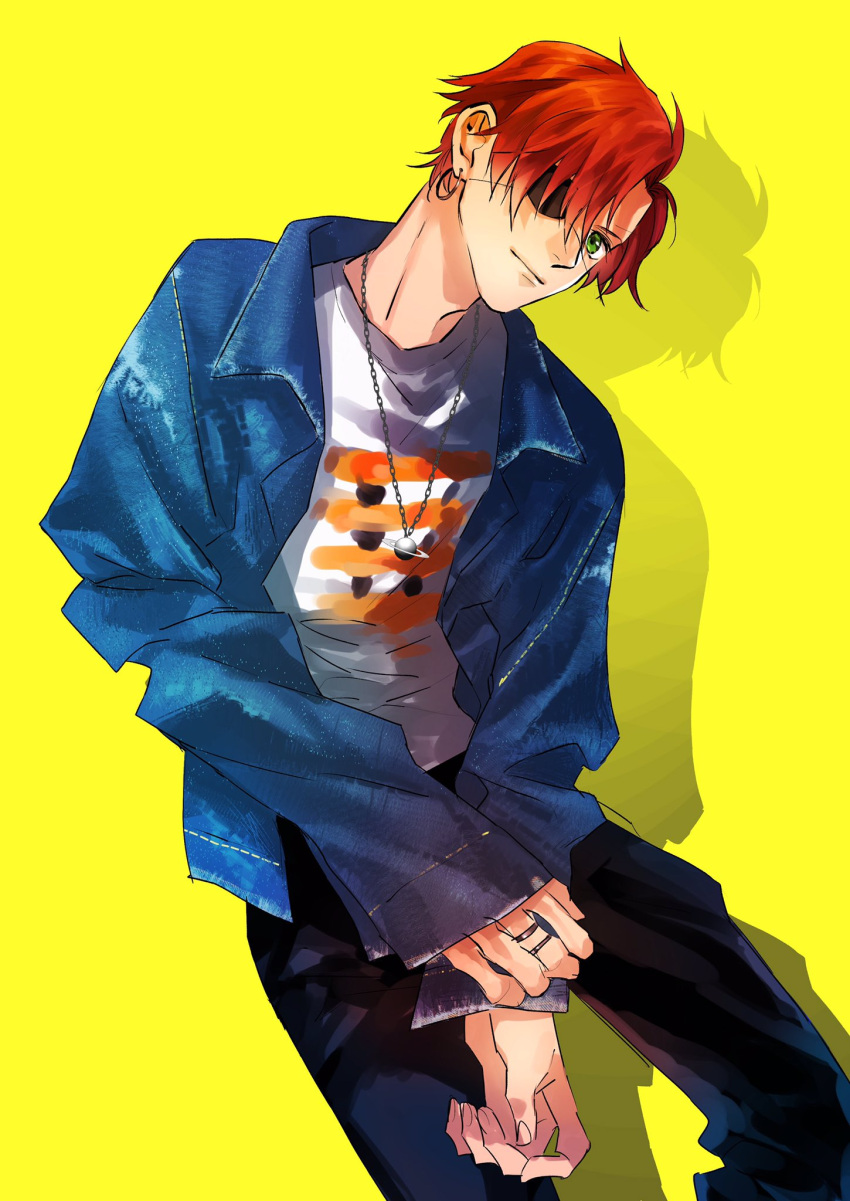 1boy, asymmetrical_hair, black_pants, blue_jacket, chain, chain_necklace, collared_jacket, d.gray-man, denim, denim_jacket, earrings, eyepatch, green_eyes, hair_between_eyes, head_tilt, highres, holding_own_wrist, hoop_earrings, jacket, jewelry, koshian_(mruc9), lavi, light_smile, looking_at_viewer, male_focus, necklace, one_eye_covered, open_clothes, open_jacket, orange_hair, pants, planet_necklace, red_hair, ring, shadow, shirt, short_hair, simple_background, solo, striped_clothes, striped_shirt, white_shirt, yellow_background